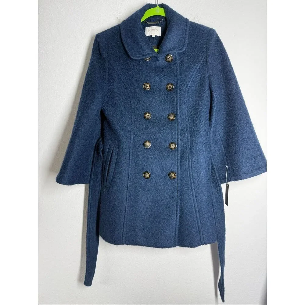NWT Laundry by Shelli Segal Wool Blend Blue Sz 6 Belted Double Breasted Jacket